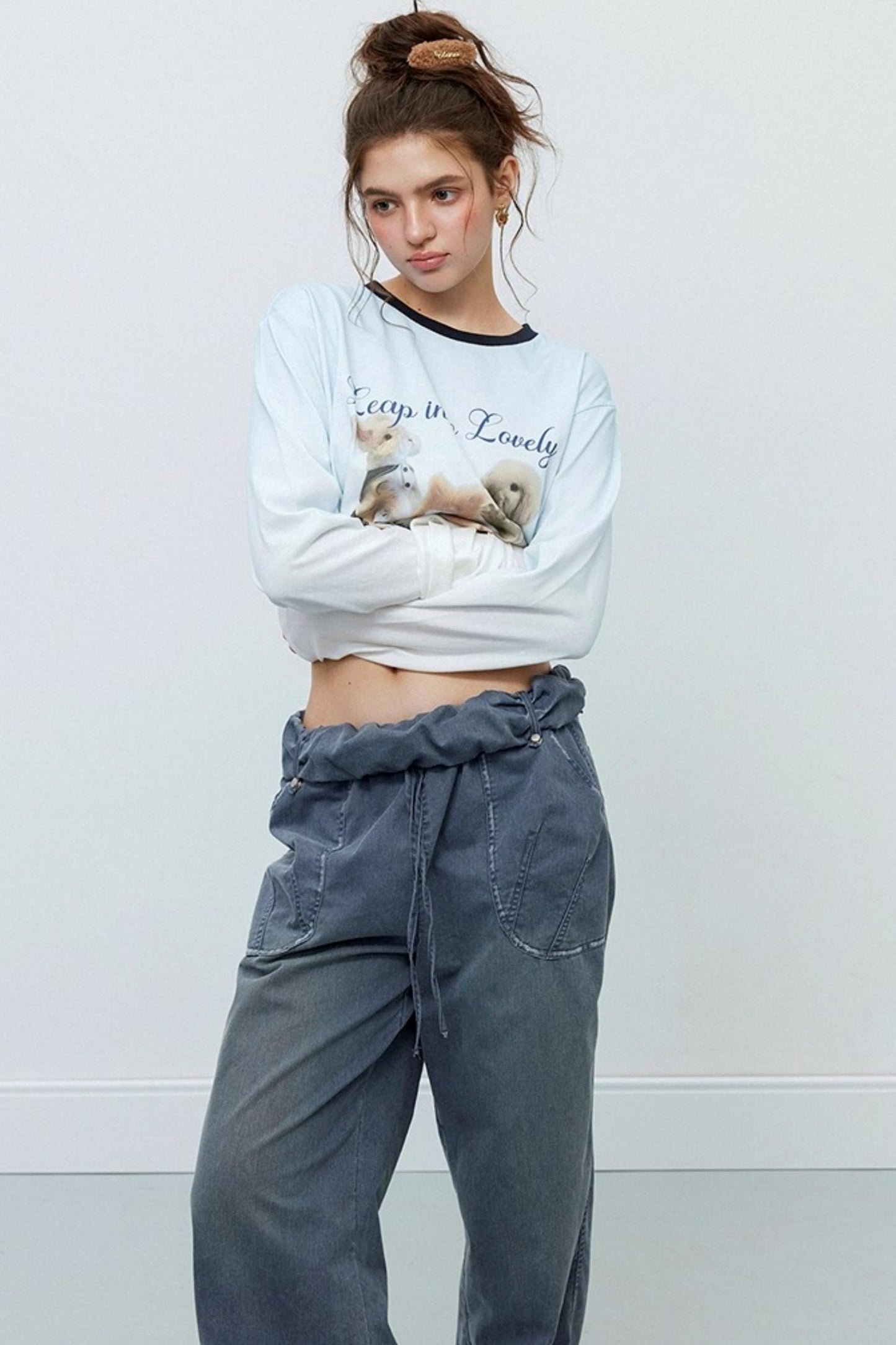 Washed Distressed Cuffed Waist Loose Pants