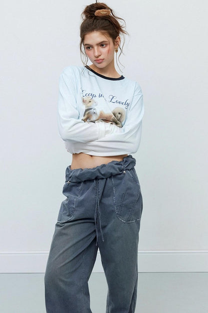 Washed Distressed Cuffed Waist Loose Pants