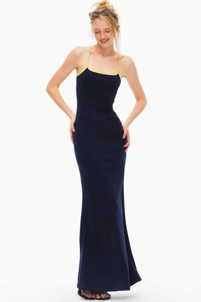Chic navy blue racerback maxi dress with lime green strap details