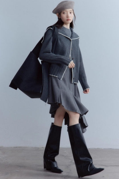 Navy Collar Twisted Rope Woolen Cardigan