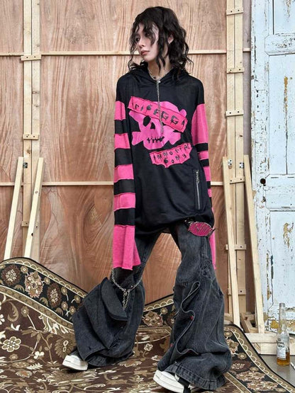 Rock Punk Skull Print Striped Sleeve Hoodie