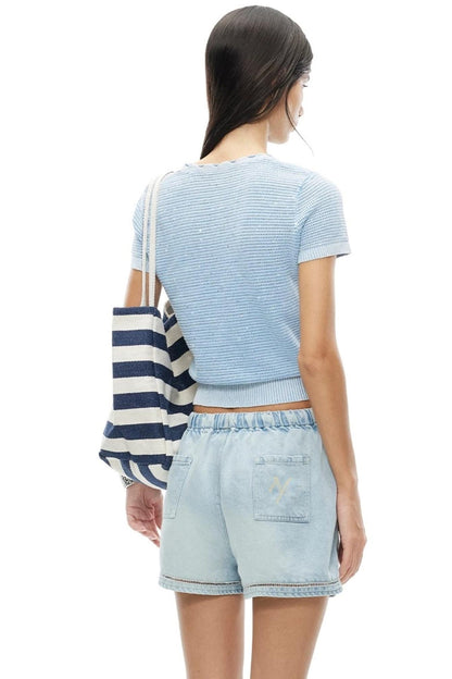 Vintage Openwork Knit V-Neck Tie-Up T-Shirt