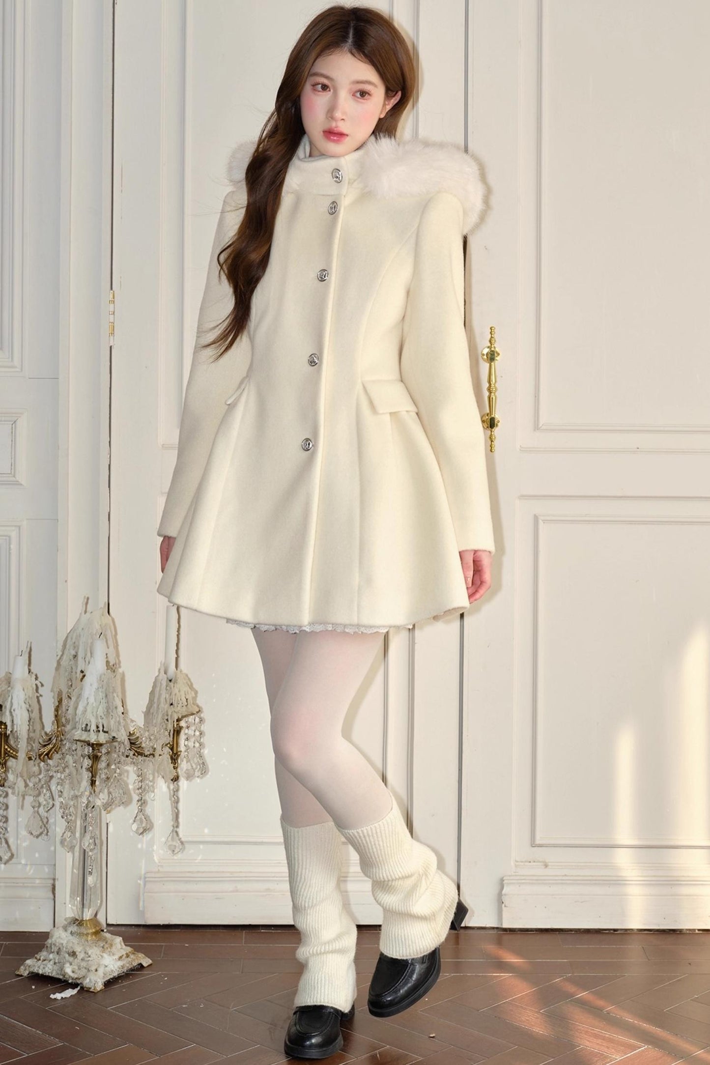 Ivory Hooded Wool Coat