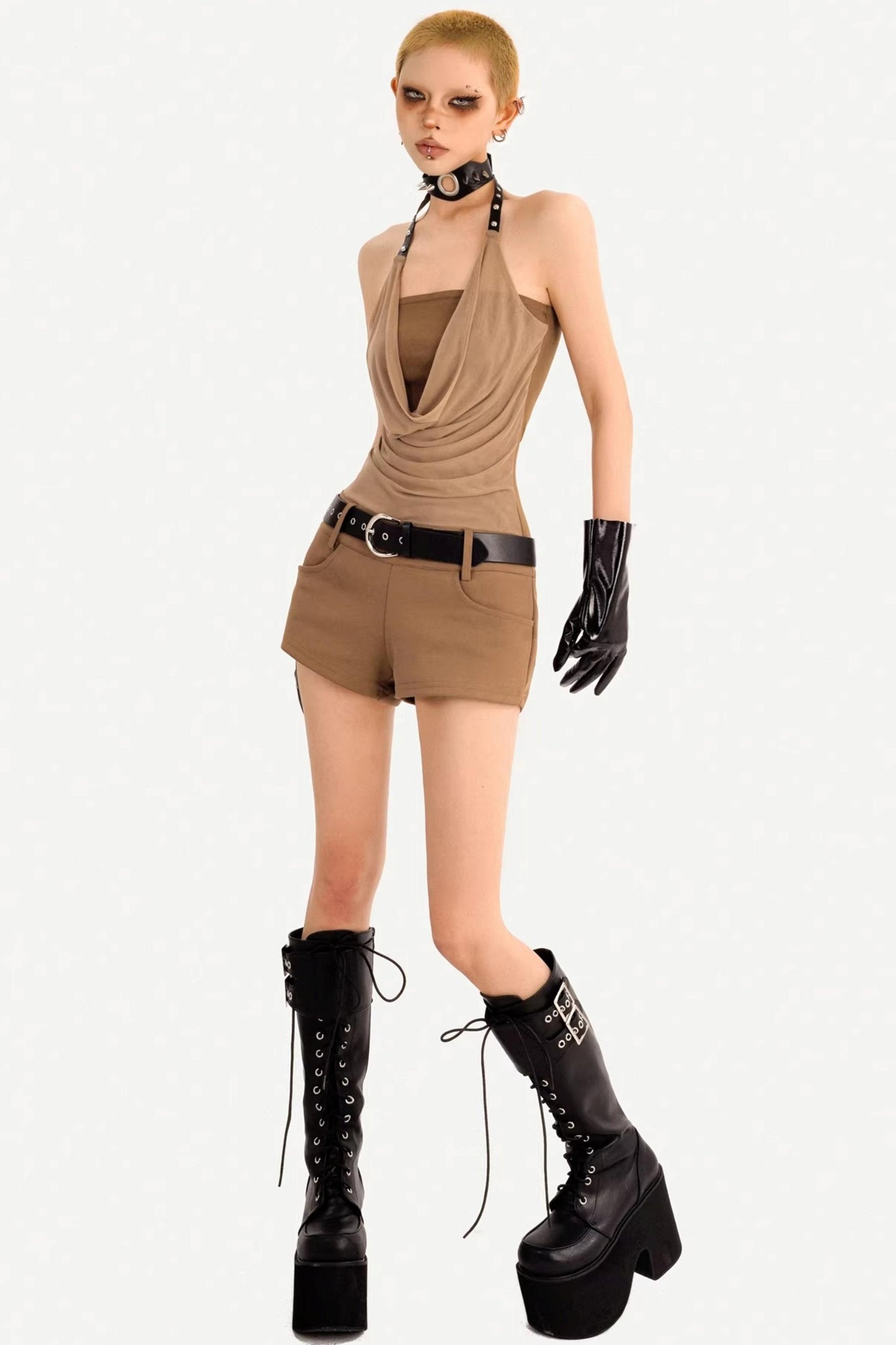 Patchwork Halter Neck Jumpsuit Set