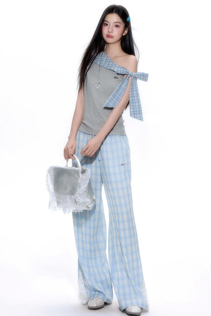 Blue Lace-Trimmed Wide-Leg Pants