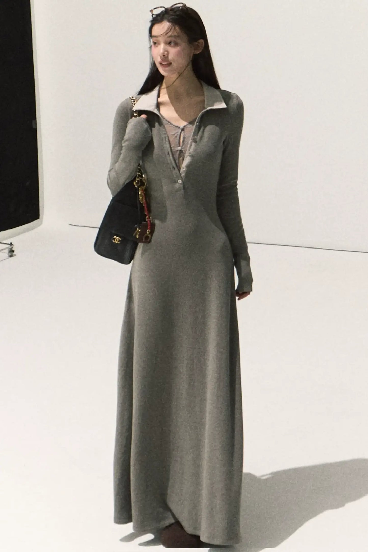 Plush Smoke Shirt Collar Dress Set-Up