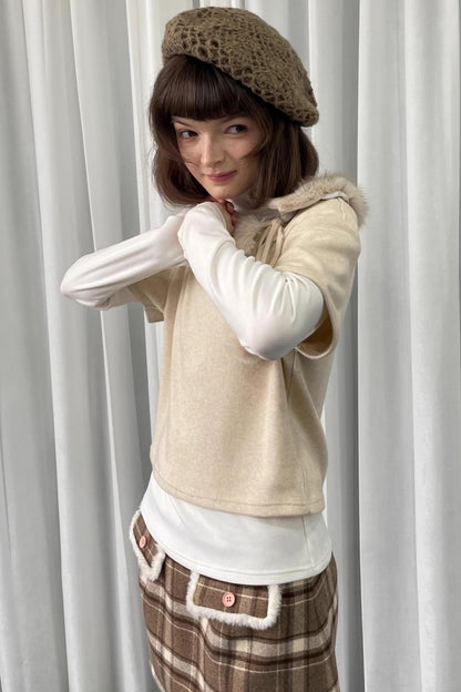 Beige Fur Collar Layered Top