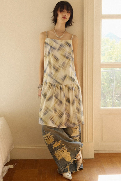 Illusion Plaid Halter Dress