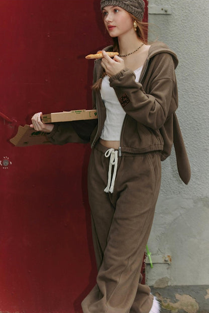 Khaki Fleece Bunny Ear Cardigan Set-Up