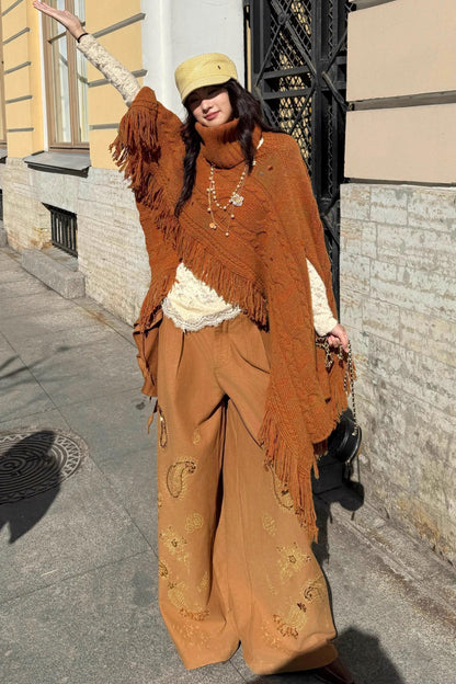 Cashew Flower Embroidered Wide-leg Pants