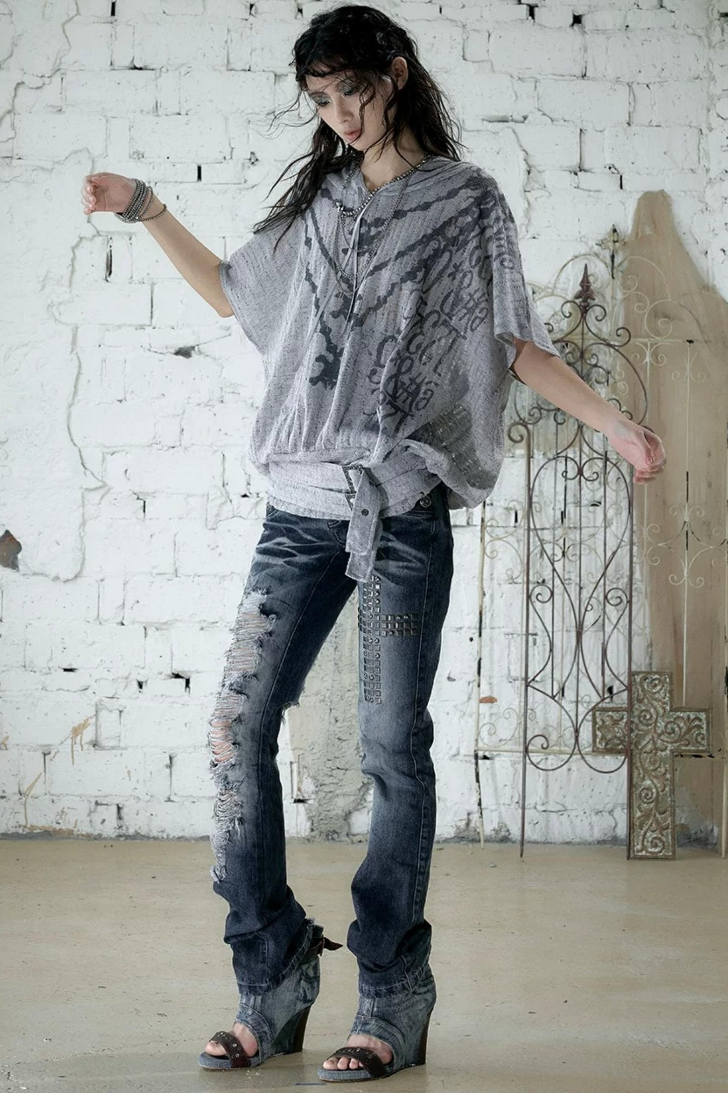 Punk Ripped Knit Hooded Blouse