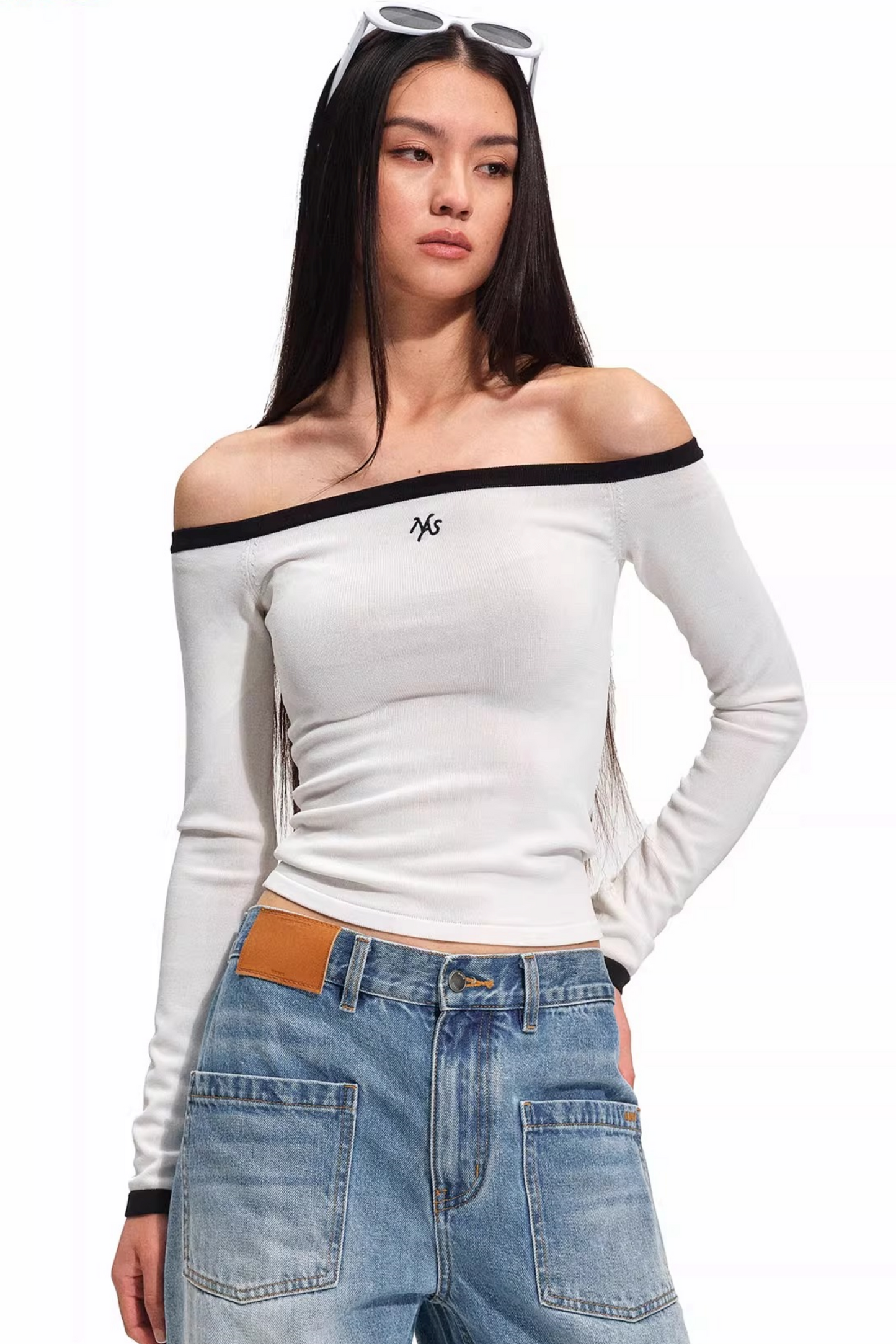 Color-Block Off-Shoulder Knit Top