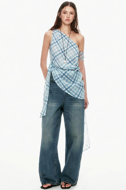 Blue Plaid One-Shoulder Vest