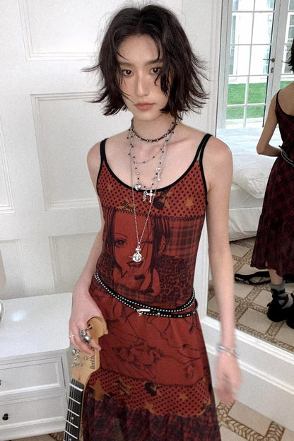 Red Printed Strap Dress