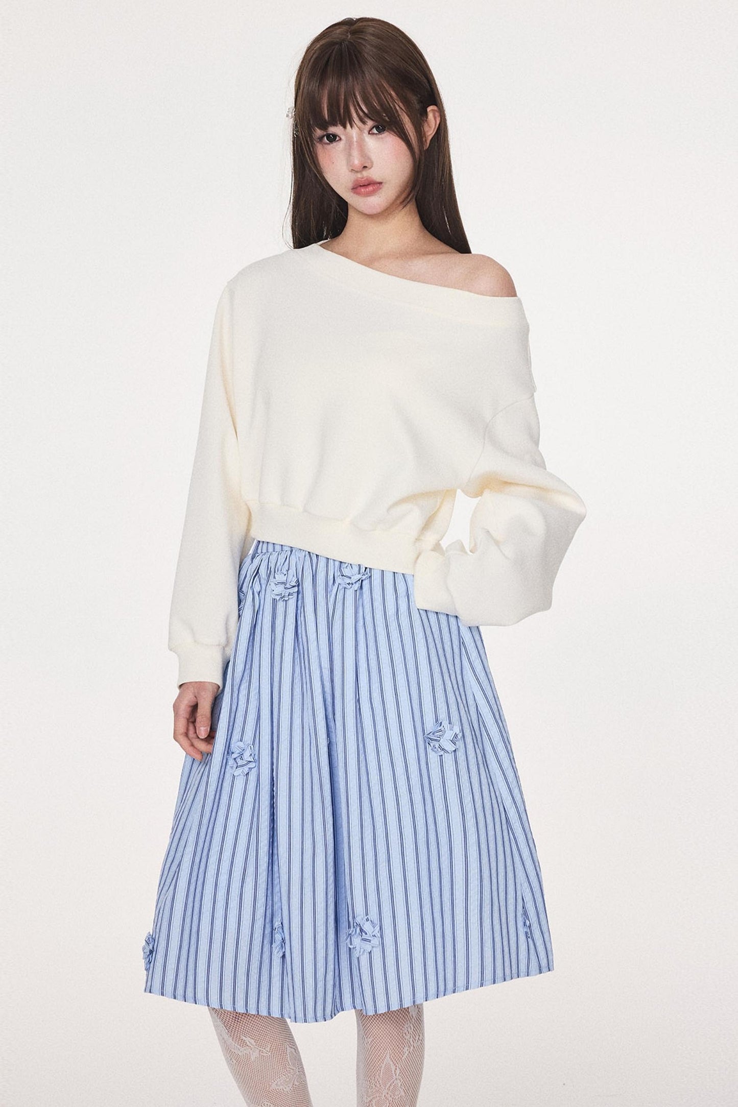 Blue Striped Flower Silhouette Skirt