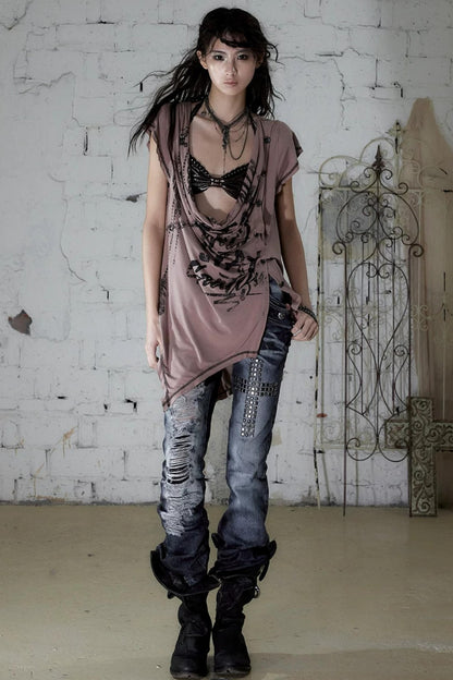 Punk Asymmetrical Neckline T-Shirt Set-Up
