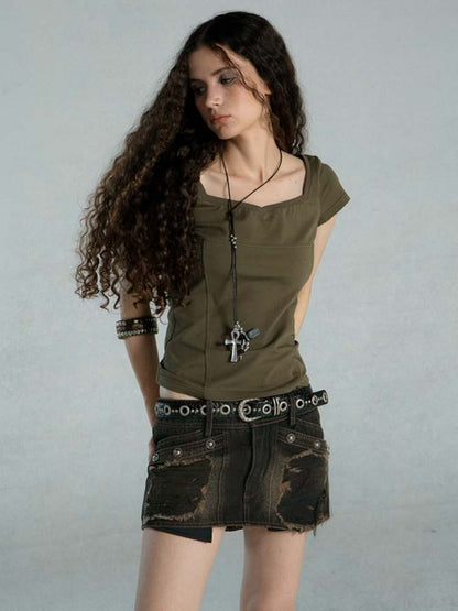 Split Line Square Collar Pinch Waist T-Shirt