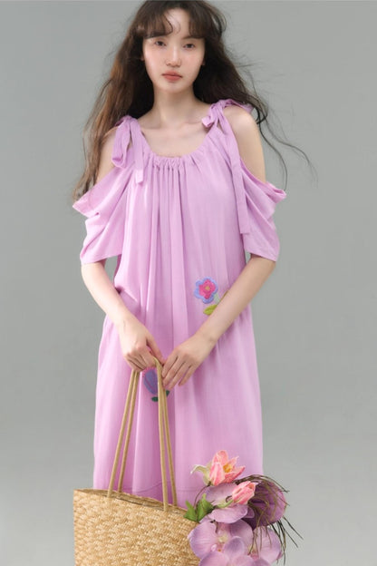 Sweet Peach Nectar Linen Embroidery Dress