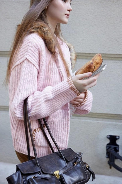 Fur Collar Cable Knit Cardigan