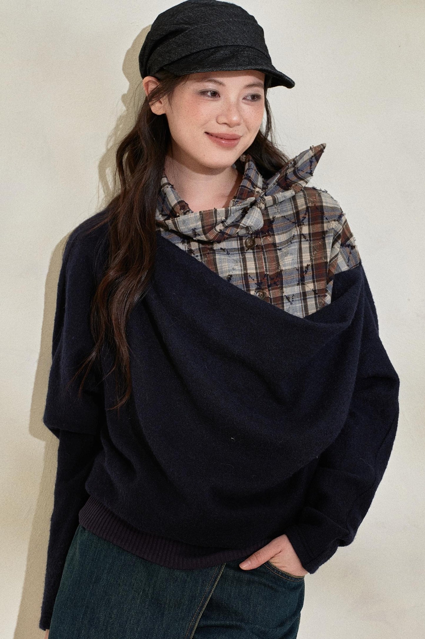 Blue Plaid Wool Fake Two-Piece Top