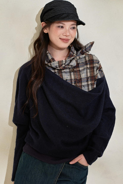 Blue Plaid Wool Fake Two-Piece Top