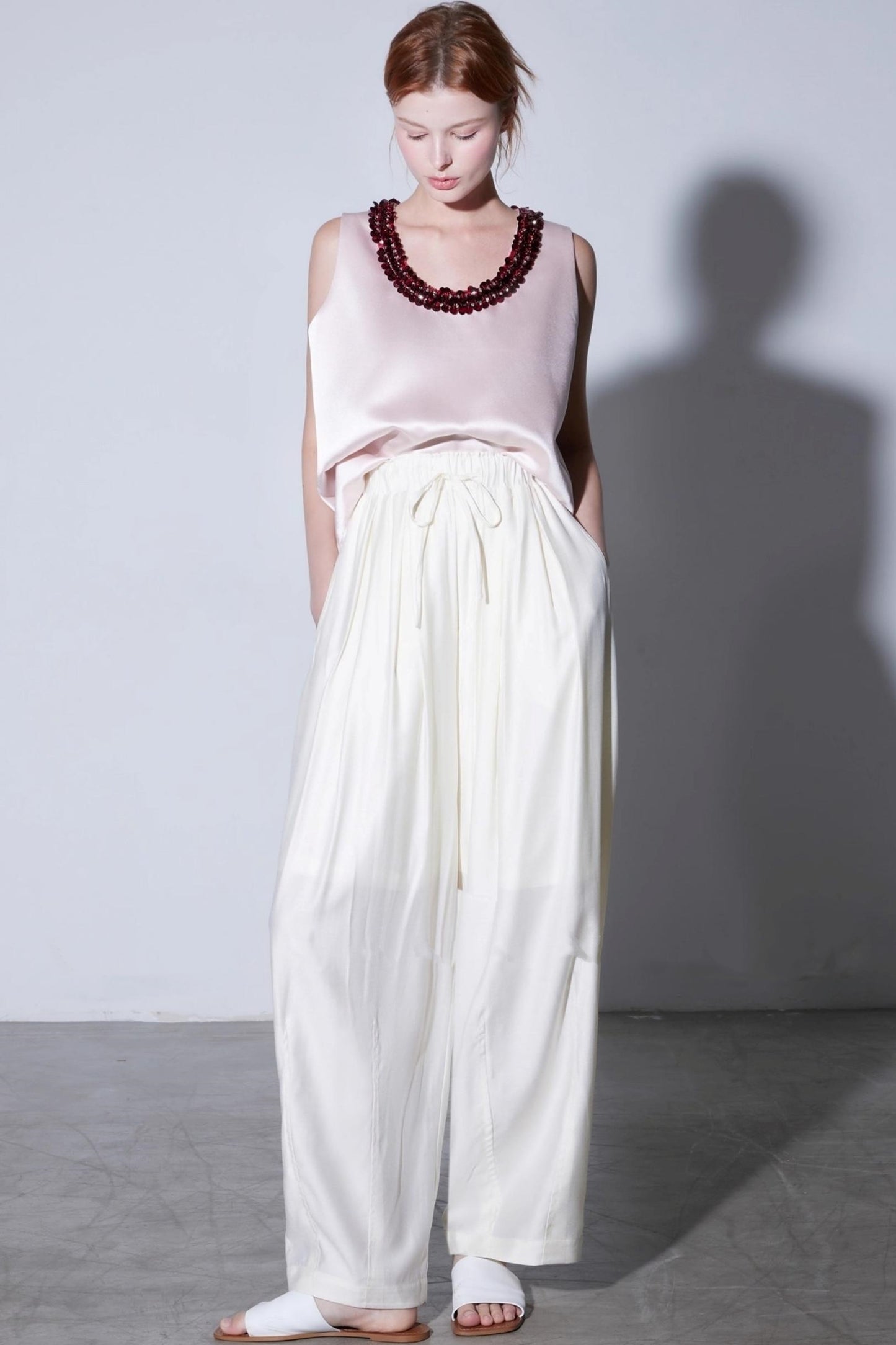 Cotton Elastic Lace-Up Wide-Leg Balloon Pants