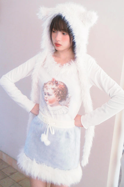 Vintage Angel Print Fur Collar Long Sleeve T-Shirt