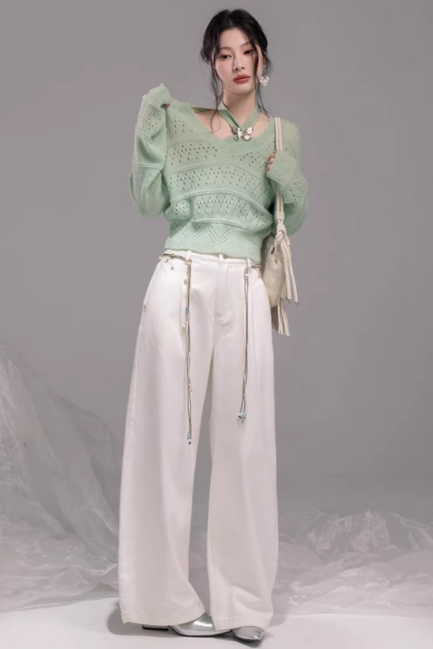 Frühlingsgrünes Strickwesten-Zweiteiliges Set