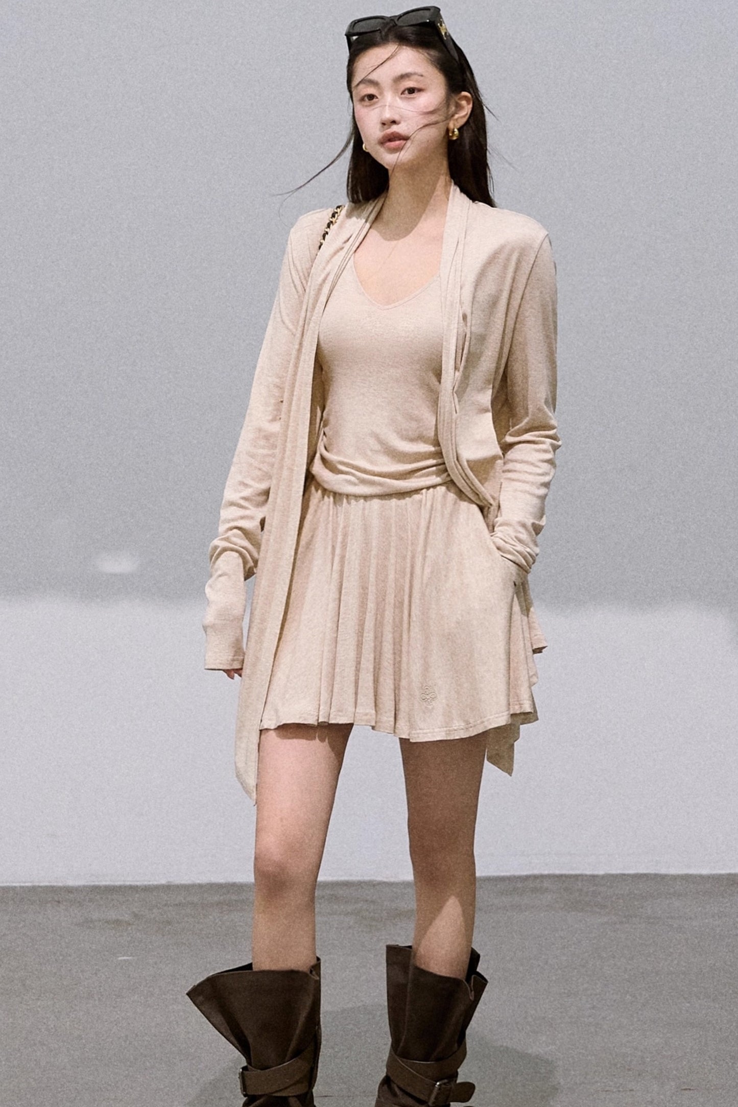 Tencel Wool Knit V-Neck Cardigan Dress Set-Up