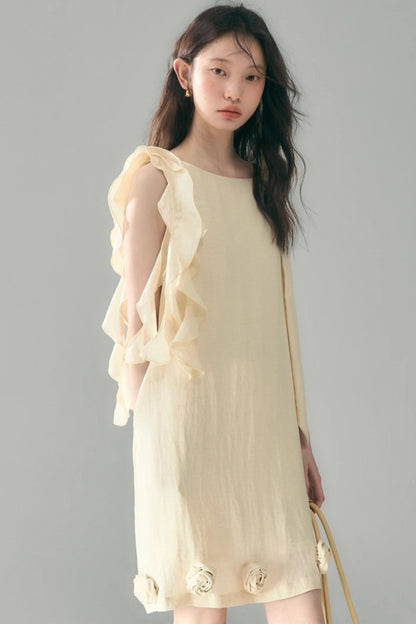 Three-Dimensional Rose Lace Linen-Blend Dress