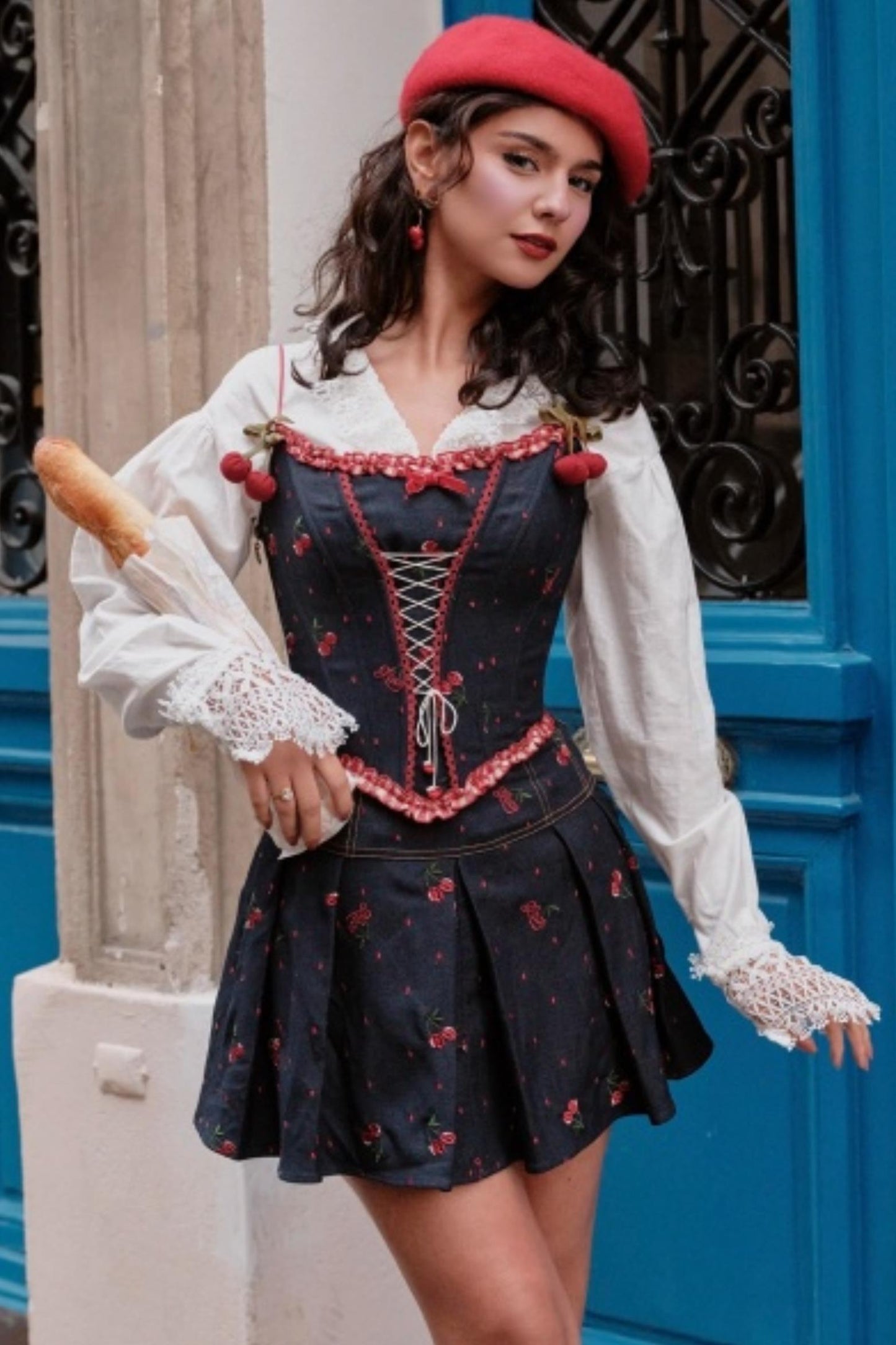 Cherry Embroidery Denim Skirt Set-Up