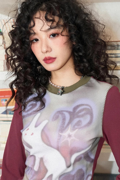 Flower Gauze Round Neck Long-Sleeved T-Shirt