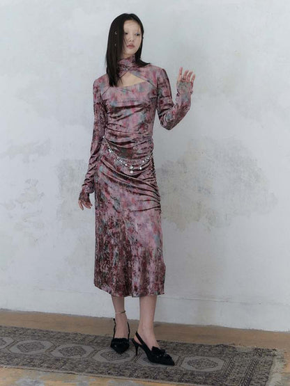 Chinese Style Marble Print Tops & Slit Skirt