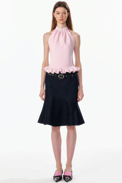Ruffle Hem Halter Backless Top