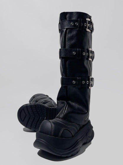 Punk Style Triple Belt Platform Long Boots