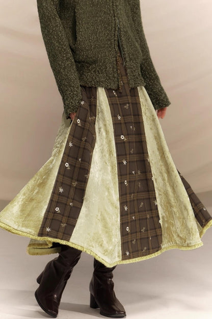 Embroidery Irregular Splicing Velvet Skirt