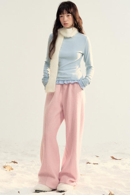 Pink Woolen Drawstring Casual Pants