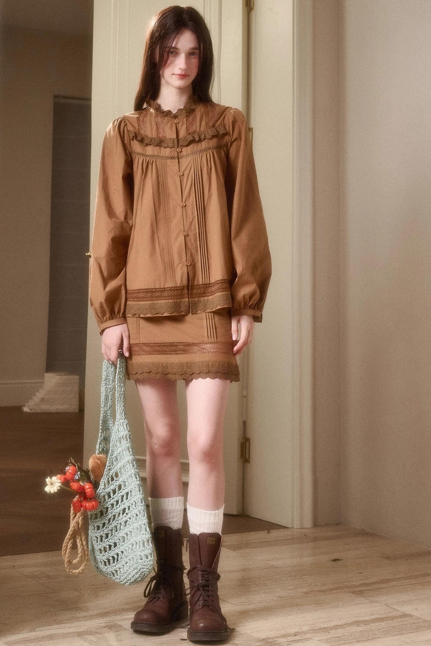 Cotton Lace Shirt With Skirt Set-Up