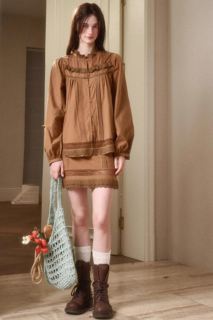 Cotton Lace Shirt With Skirt Set-Up
