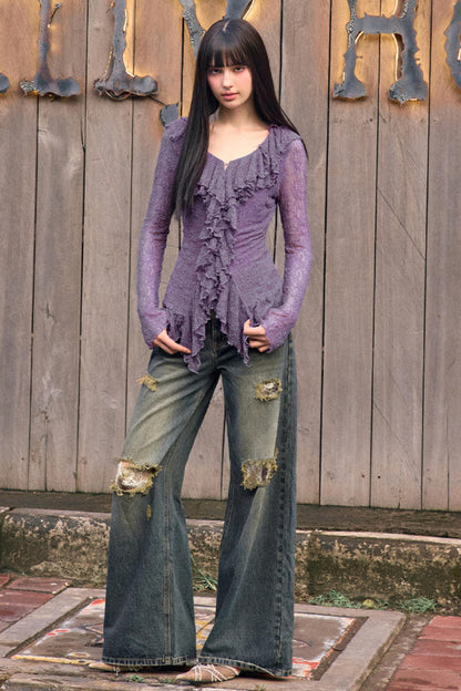 Summer Lace Ruffle Knit Top