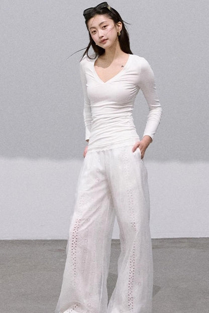 Shimmer Cotton Wide-Leg Pants