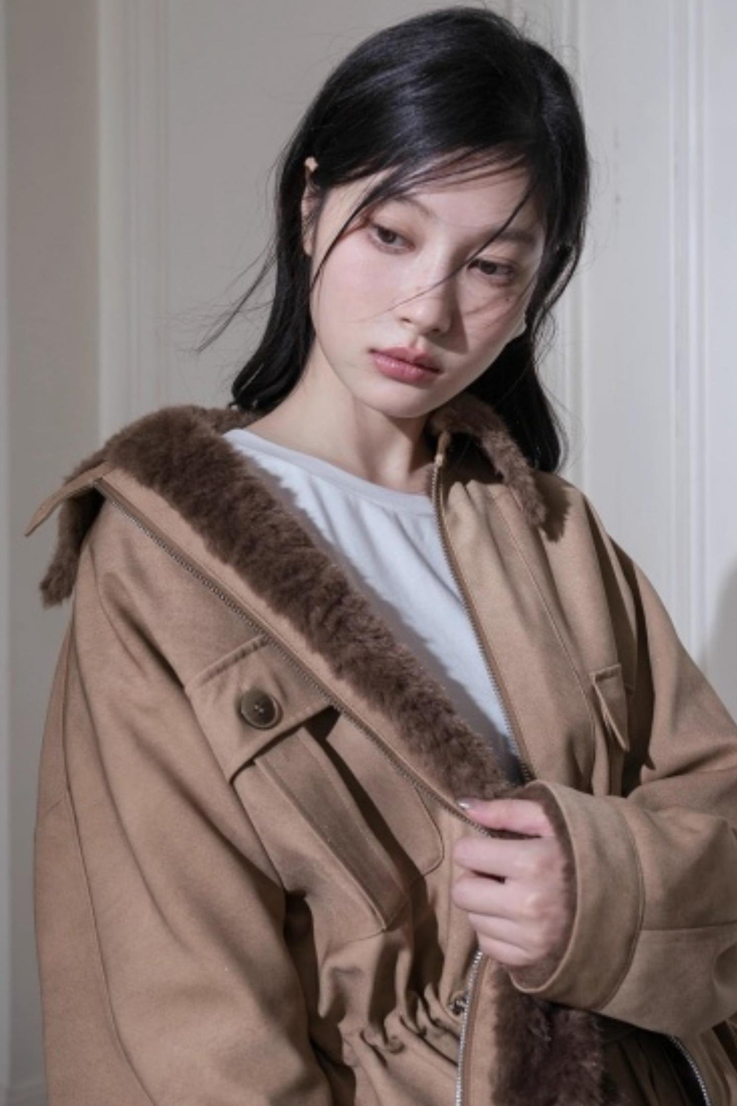 Hazelnut Bat Sleeve Furry Jacket Set-Up