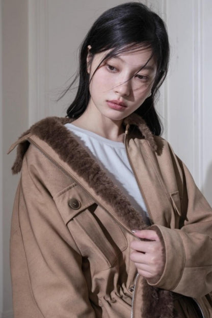 Hazelnut Bat Sleeve Furry Jacket Set-Up