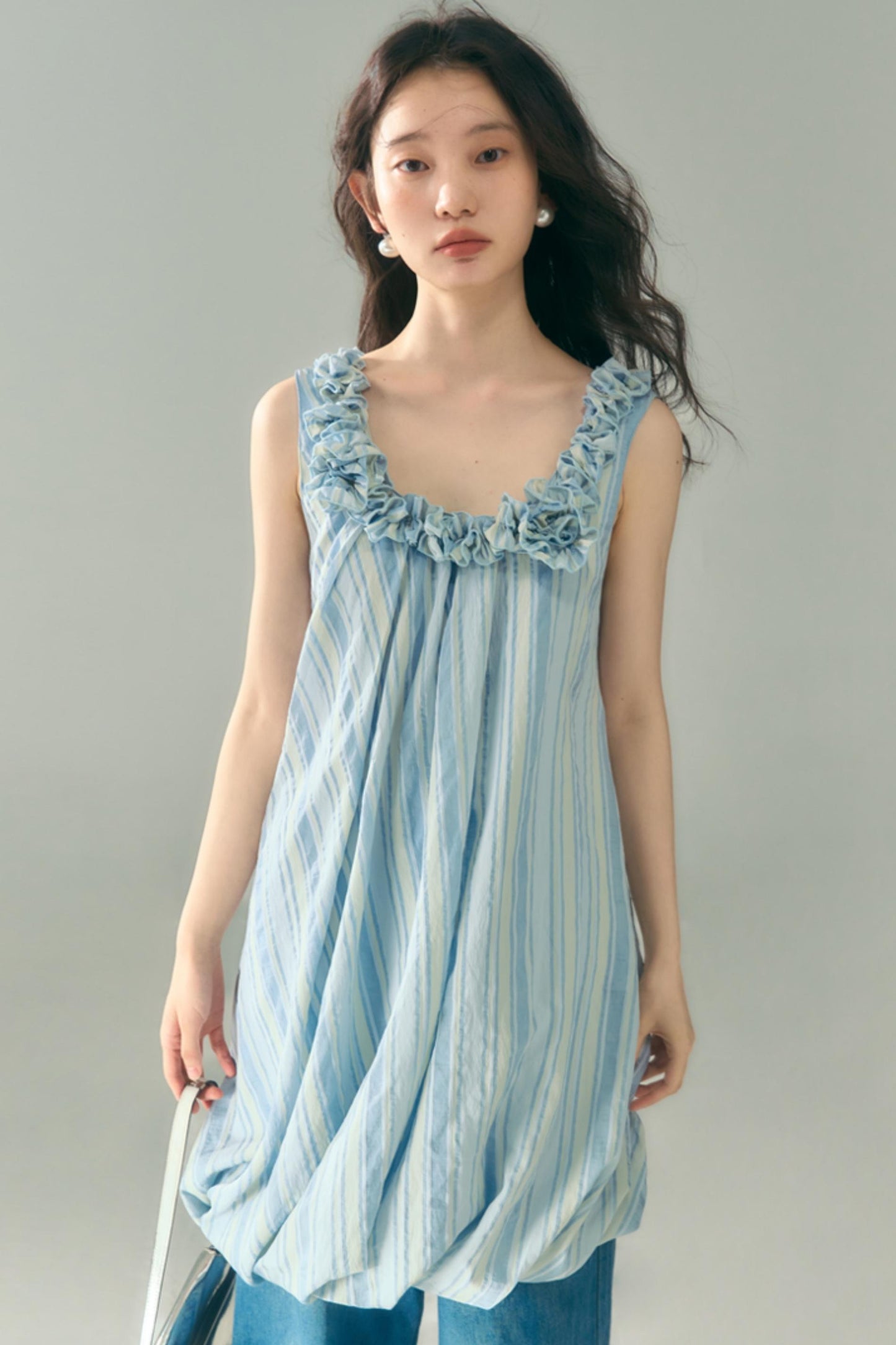 Blue Jellyfish Embroidered Striped Vest Dress