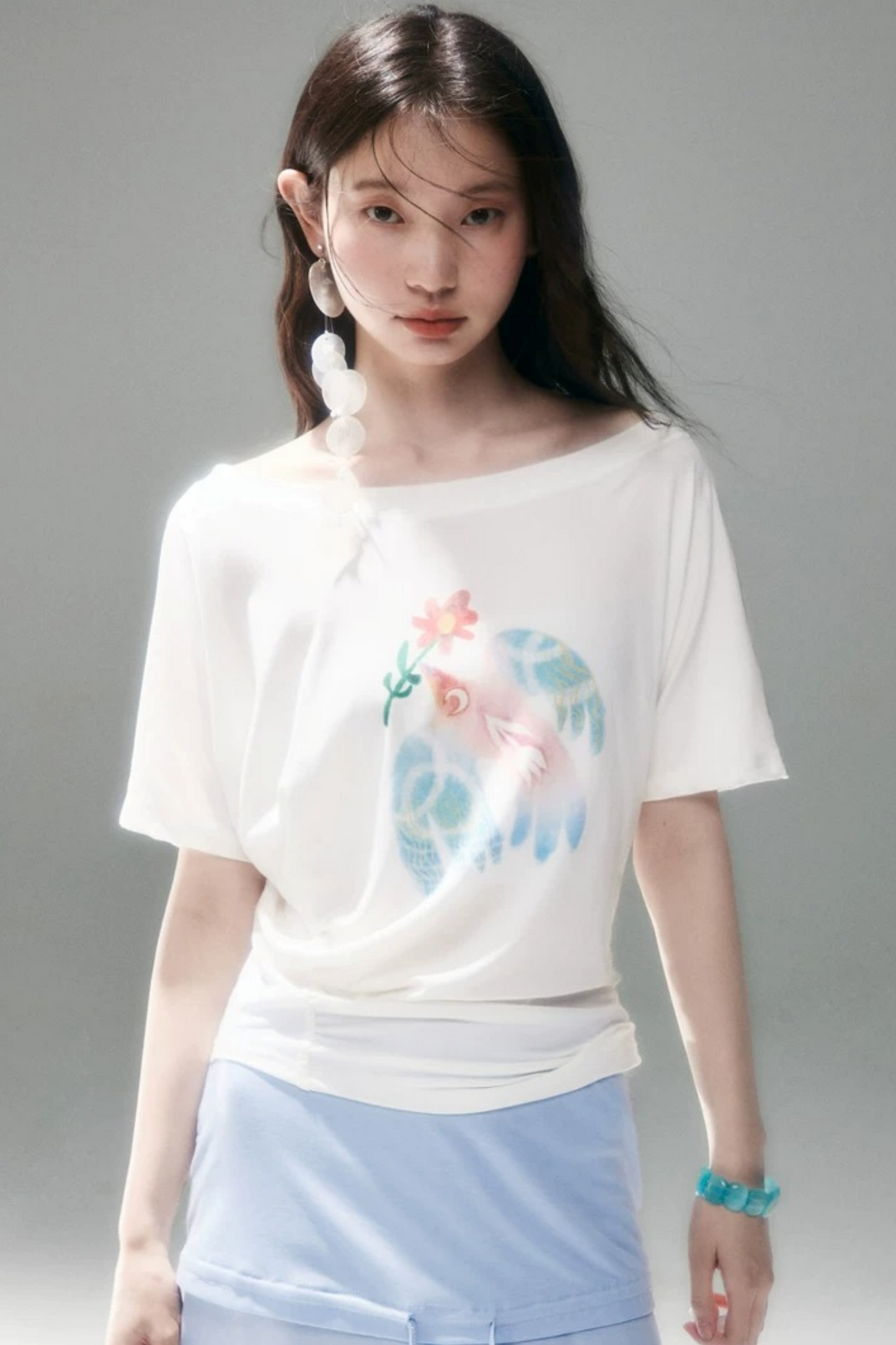 Mint Bird Print Off-Shoulder Ruched Top
