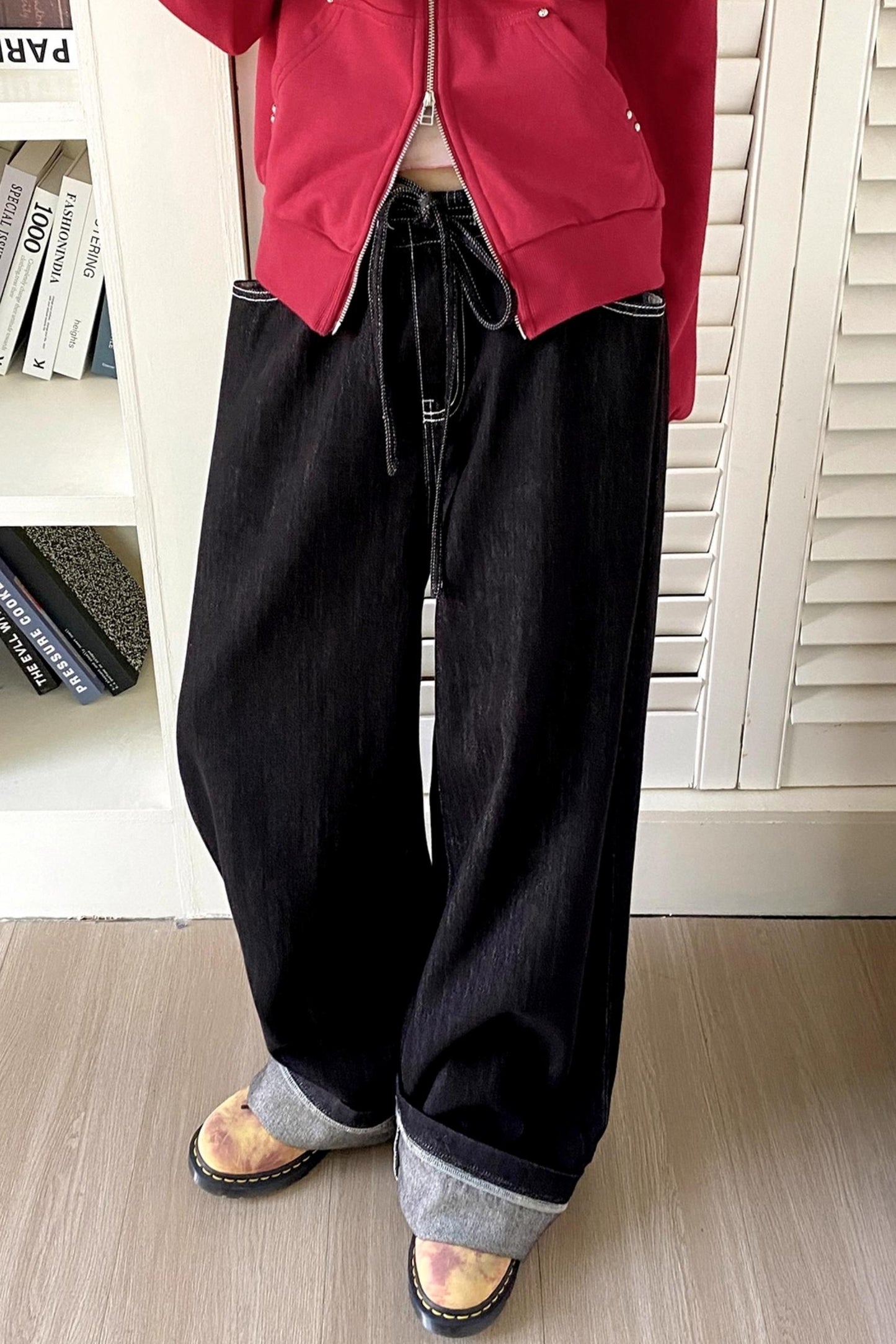 Black Washed Elastic Waist Wide-Leg Jeans