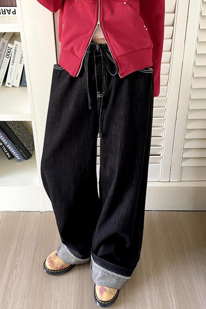 Black Washed Elastic Waist Wide-Leg Jeans