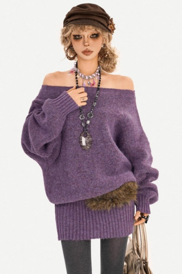 Purple Off-Shoulder Knit Dress