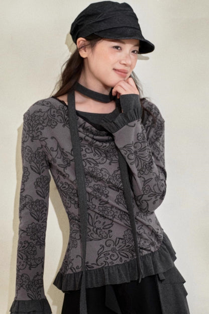 Swing Collar Ruffled Floral Lace Top