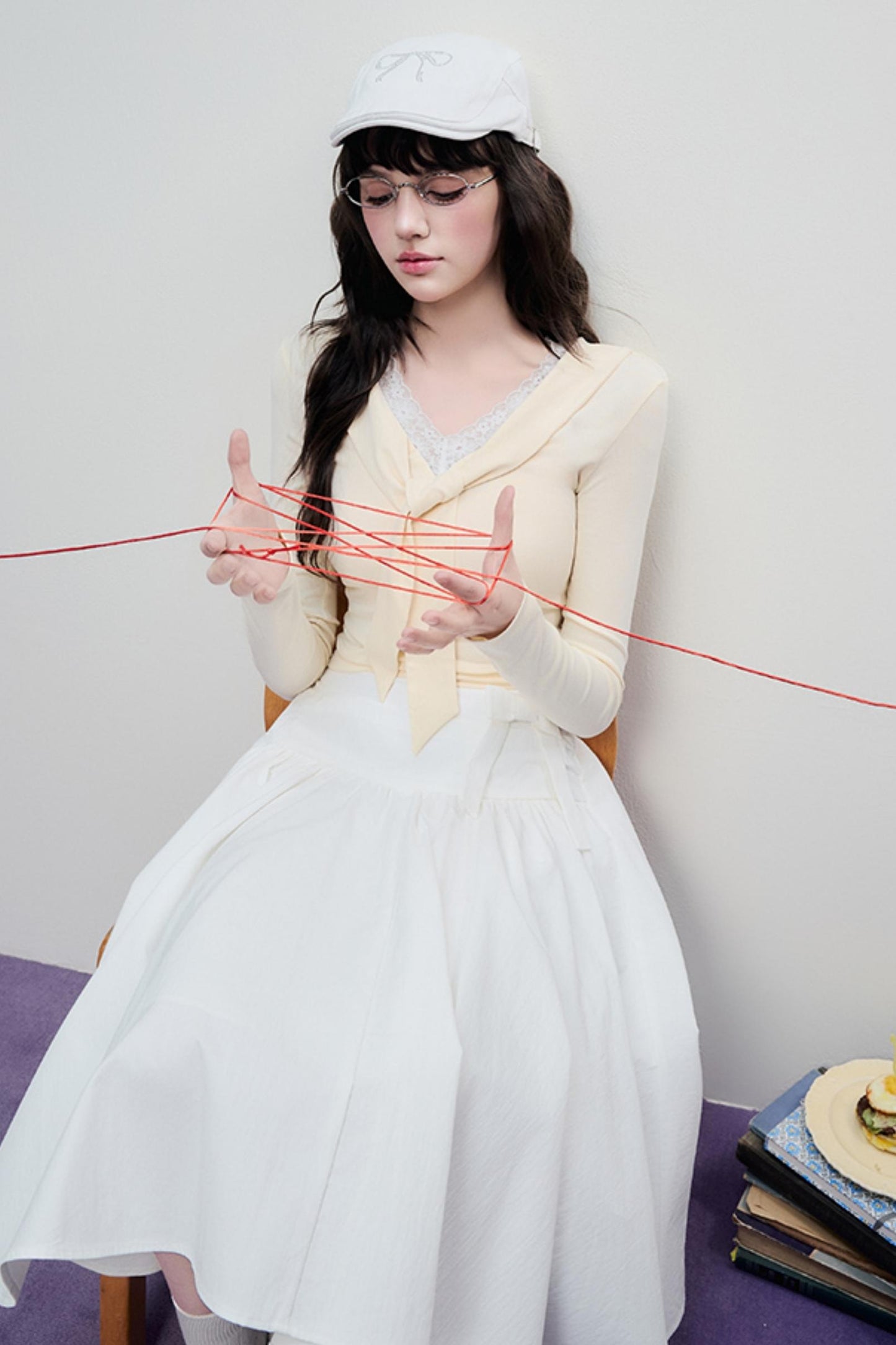 Korean Lace Trim Tie Neck Sweater
